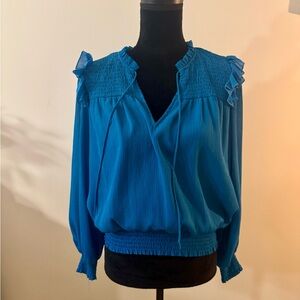 Express Turquoise Long Sleeve Ruffle V-Neck Smocked Waist Blouse Size Medium